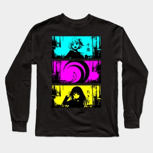 Lycoris recoil anime characters Chisato nishikigi and Takina inoue with lycoris recoil logo and their names in japan text Cyan Magenta Yellow Grunge distressed design Long Sleeve T-Shirt